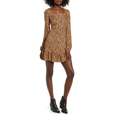 Love, Fire Leopard Print Long Sleeve Minidress, Brown