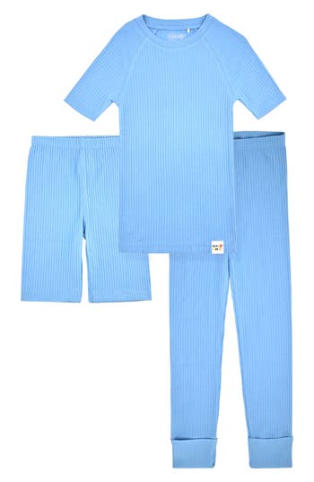 Shop Sleep On It Kids' Rib Fitted Three-piece Pajamas In Light Blue