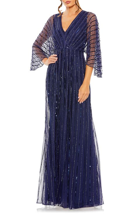 Beaded Stripe Mesh A-Line Gown