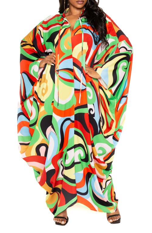 BUXOM COUTURE Geometric Print Long Sleeve Caftan in Green Multi at Nordstrom