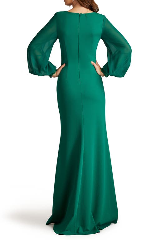 Shop Tadashi Shoji Floral Detail Long Sleeve Crepe Chiffon Gown In Emerald