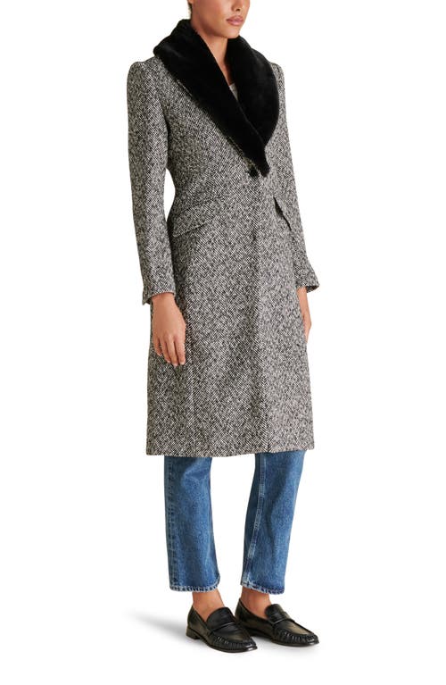 Shop Steve Madden Dienne Herringbone Tweed Coat With Faux Fur Collar In Black Multi