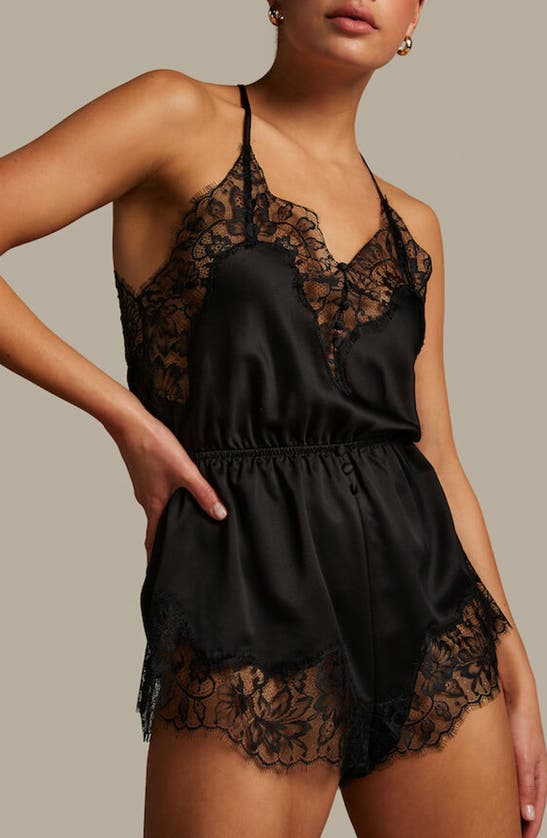 Shop Hunkemoller Hunkemöller Valerie Lace Trim Satin Teddy In Caviar