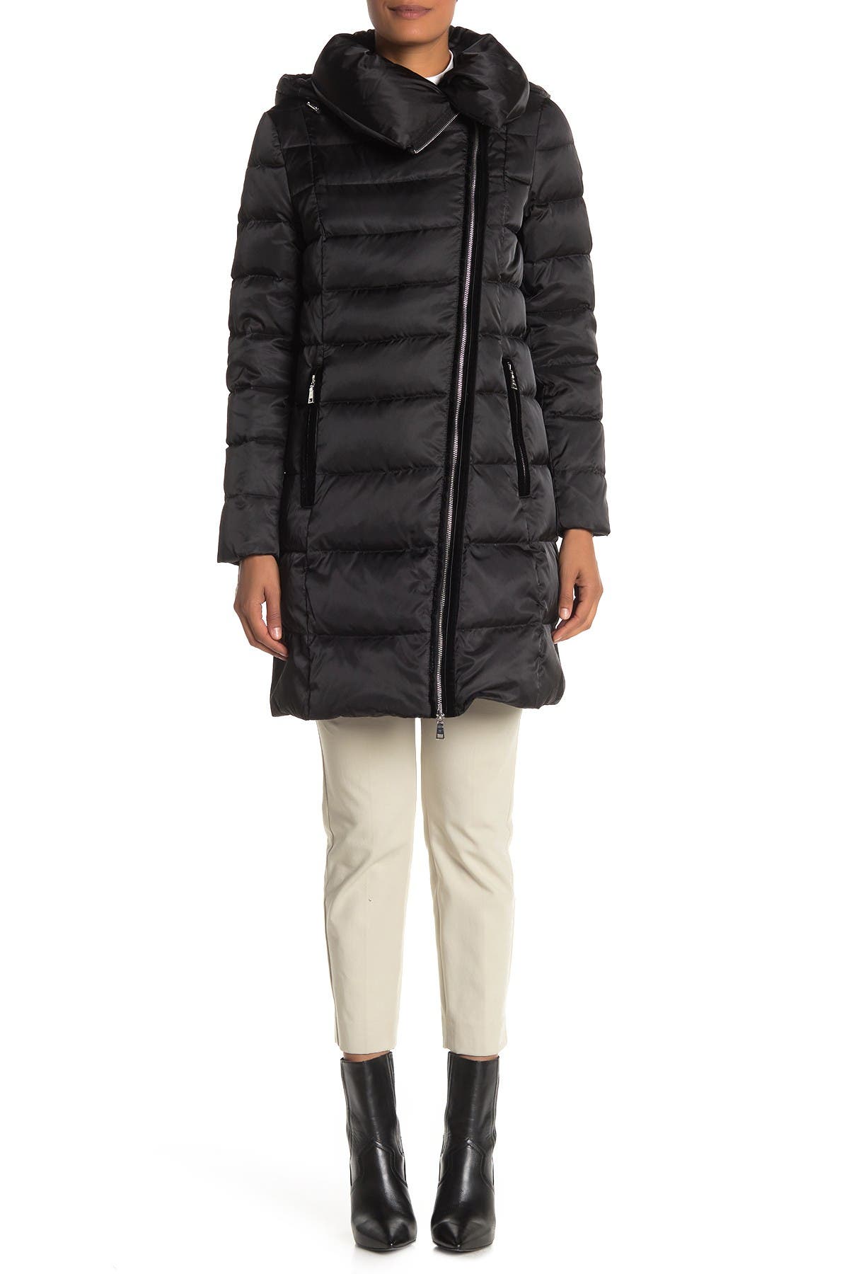 tahari asymmetrical puffer coat