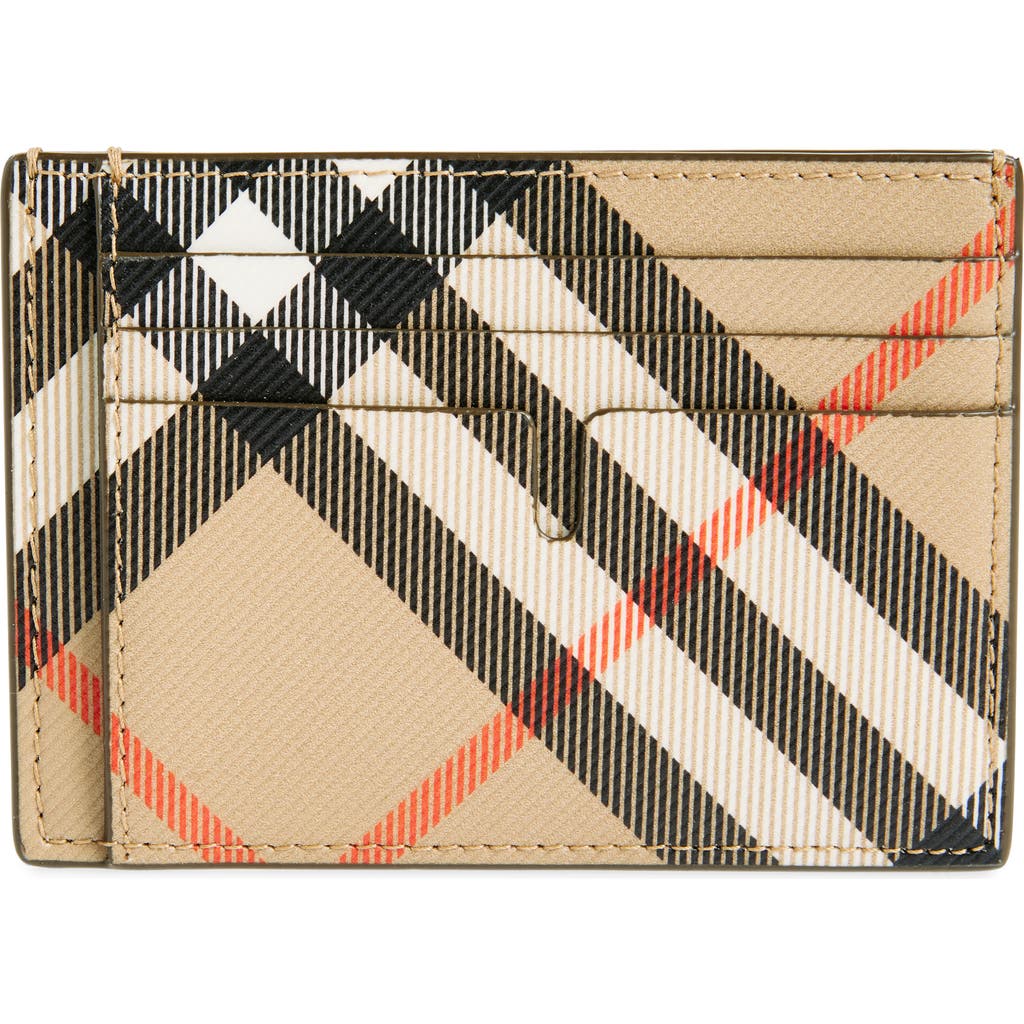 Shop Burberry Check Money Clip Coated Canvas & Leather Card Case In Sand