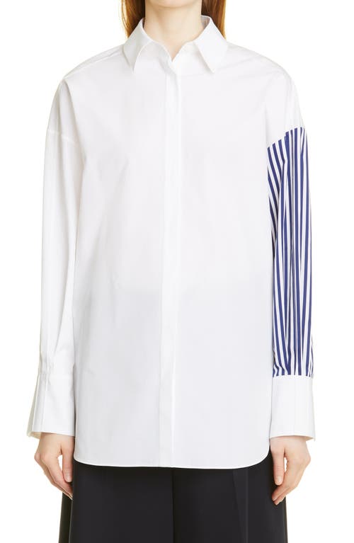 PARTOW Hugo Stripe Sleeve Cotton Button-Up Blouse in White Navy Stripe Combo