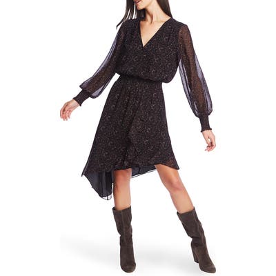 1.state Long Sleeve Asymmetrical Hem Chiffon Dress, Black