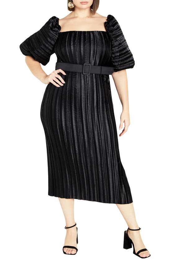 City Chic Krista Pleated Puff Sleeve Midi Dress In Black