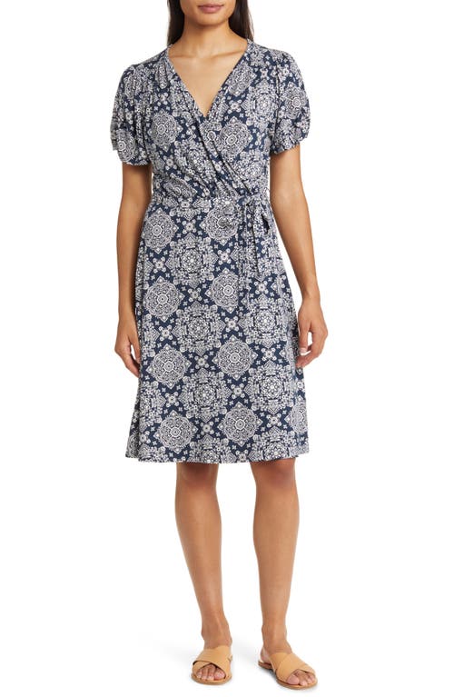 Shop Loveappella Short Sleeve Faux Wrap Dress In Navy/ivory