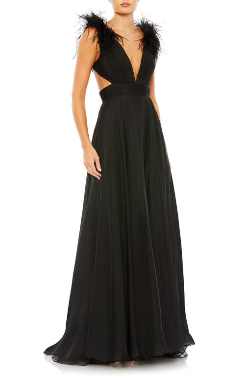 Mac Duggal Feather Trim Plunge Neck A-Line Gown Black at Nordstrom,