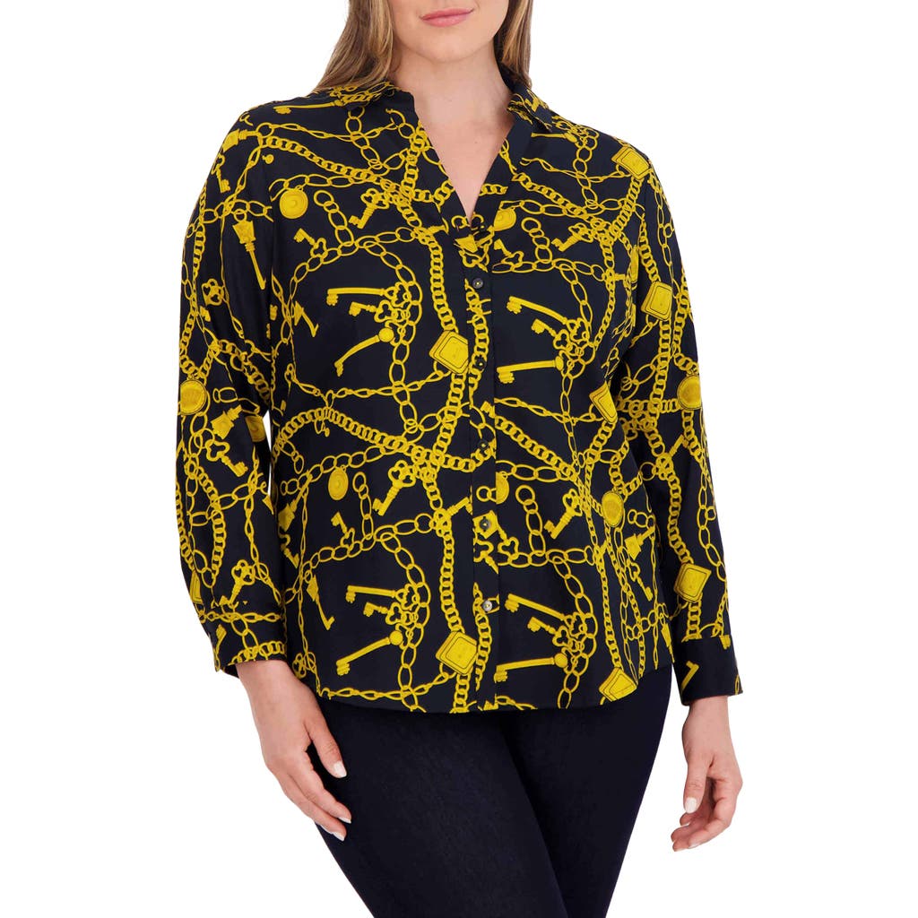 Foxcroft Mary Print Cotton Sateen Button-up Shirt In Black/yellow