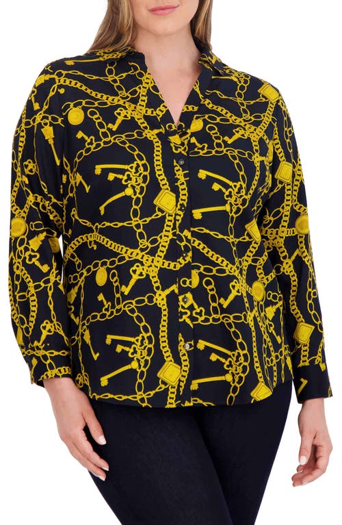 Shop Foxcroft Mary Print Cotton Sateen Button-up Shirt In Black/yellow