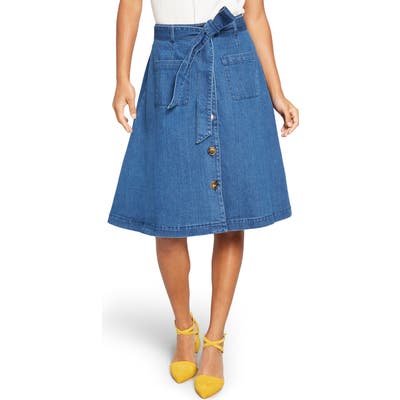 Modcloth Sash Belted A-Line Denim Skirt, Blue