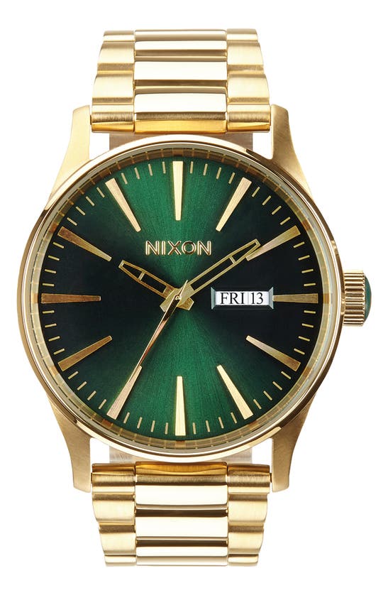 Nixon Sentry Bracelet Watch, 42mm In Gold/ Green/ Gold