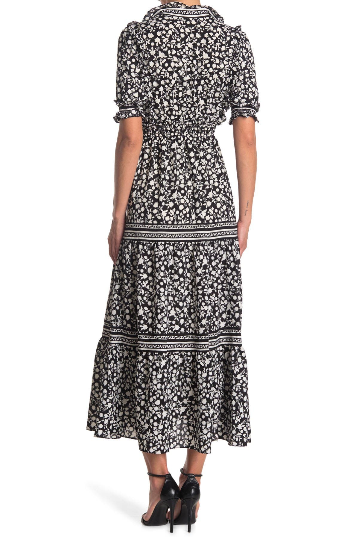 Max Studio Elbow Length Sleeve Print Tiered Maxi Dress In Charcoal3