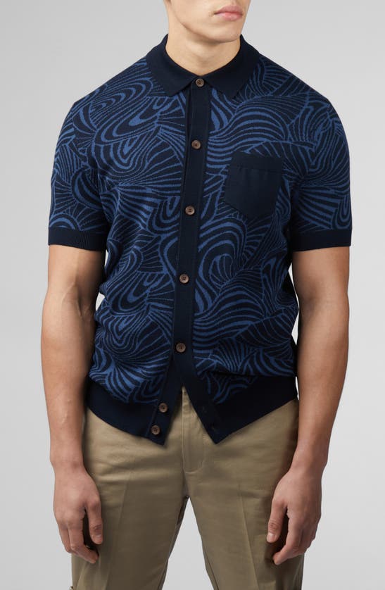 Ben Sherman Swirl Jacquard Short Sleeve Knit Button-up Shirt In Dark Navy