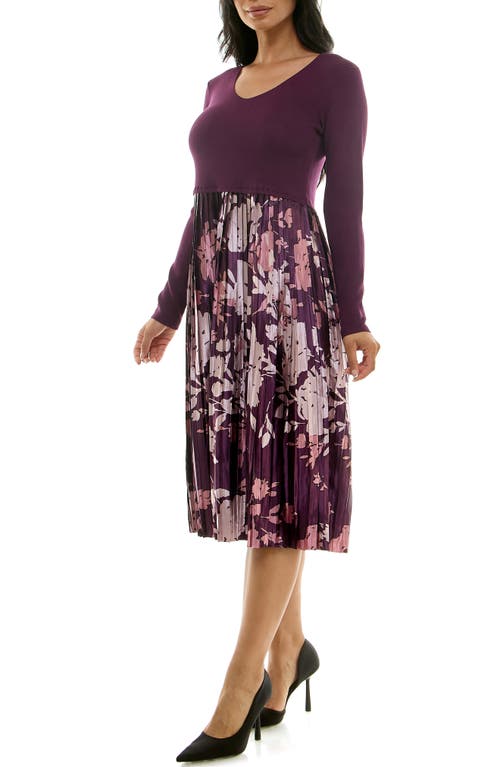 Nina Leonard Long Sleeve Mixed Media Dress In Plum Multi