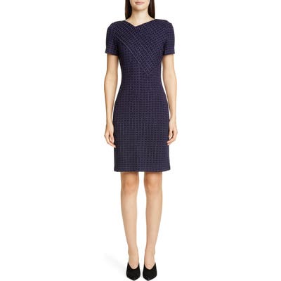 St. John Collection Graphic Boucle Windowpane Knit Dress, Blue