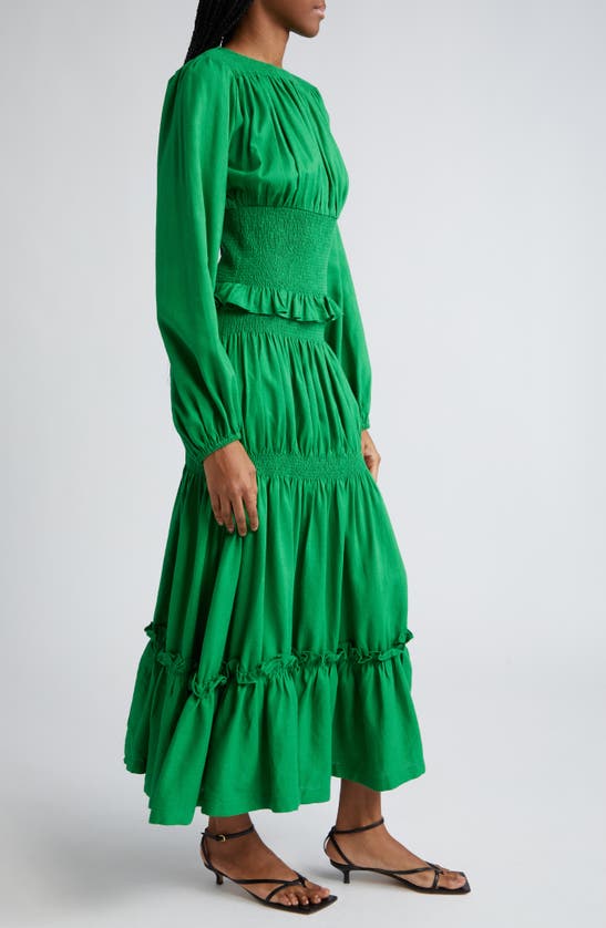 Shop Oríré Gale Smocked Long Sleeve Tiered Maxi Dress In Green
