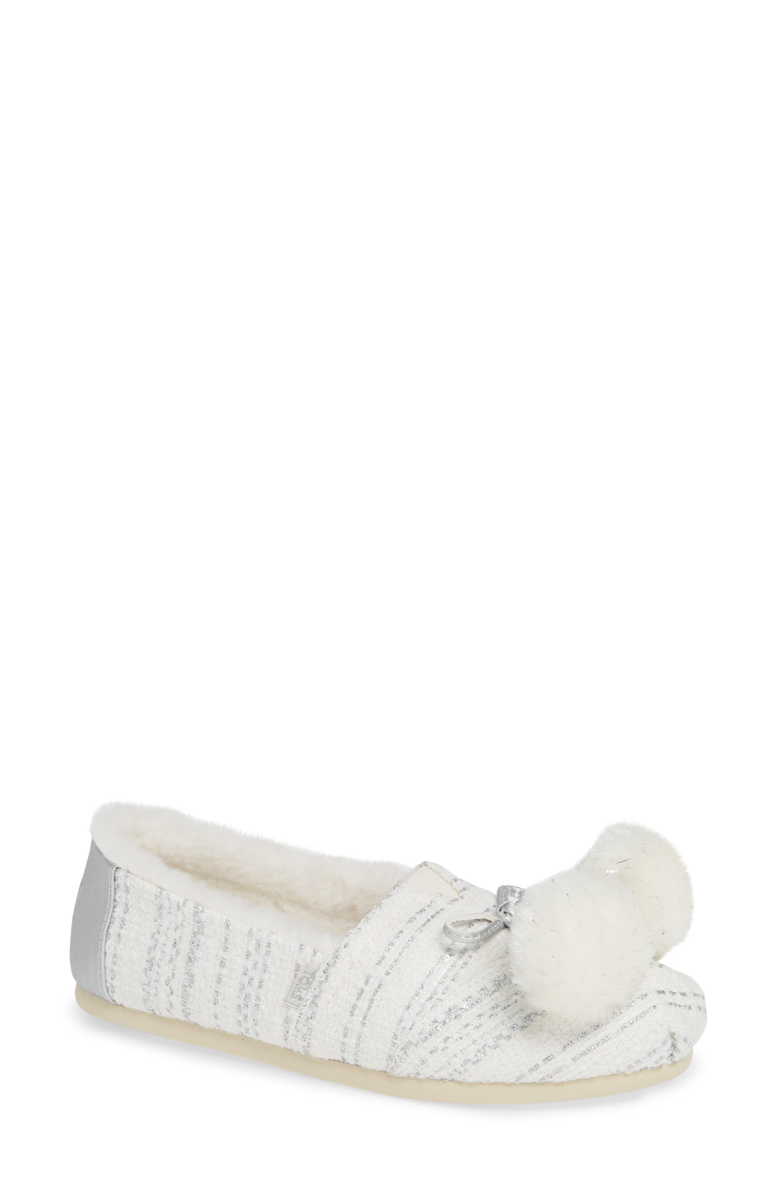 Toms Alpargata Slip-On With Faux Fur Lining & Pompoms, Metallic