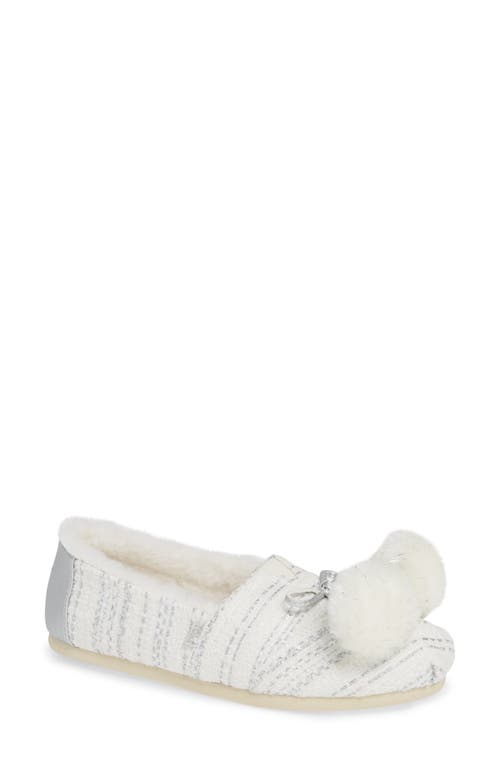 TOMS Alpargata Slip-On with Faux Fur Lining & Pompoms in Silver Fabric at Nordstrom, Size 8.5
