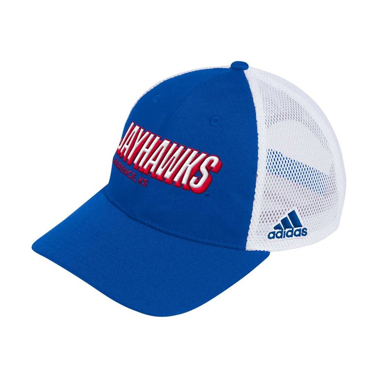 Adidas Originals Adidas Royal Kansas Jayhawks Mascot Block Letter Slouch Trucker Adjustable Hat In Blue