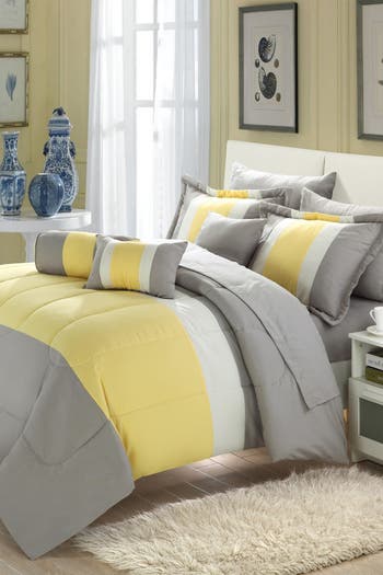 Queen Sebastian Comforter 10 Piece Set, Grey And Yellow King Size Bedding
