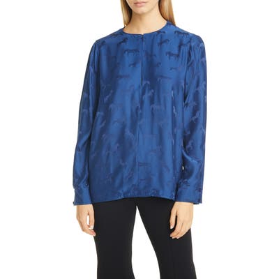 Stella Mccartney Jacquard Horse Split Long Sleeve Blouse, US / 44 IT - Blue