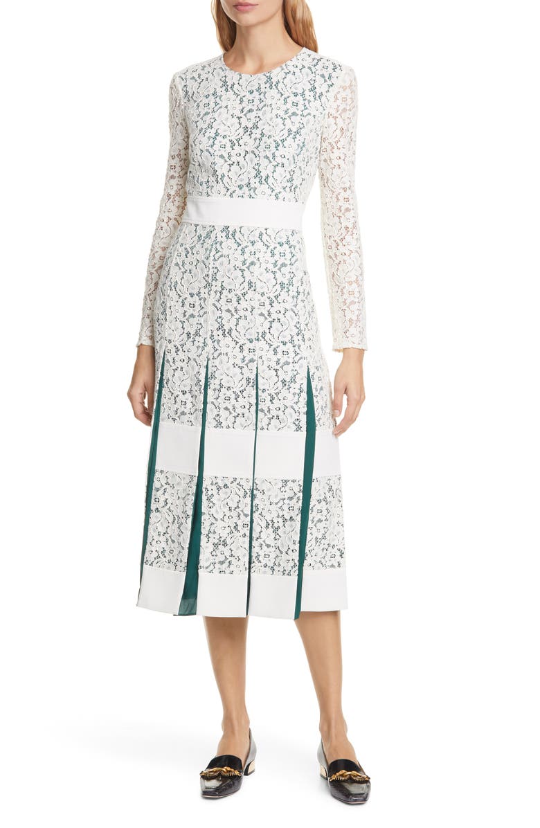 Tory Burch Long Sleeve Pleated Lace Midi Dress | Nordstrom