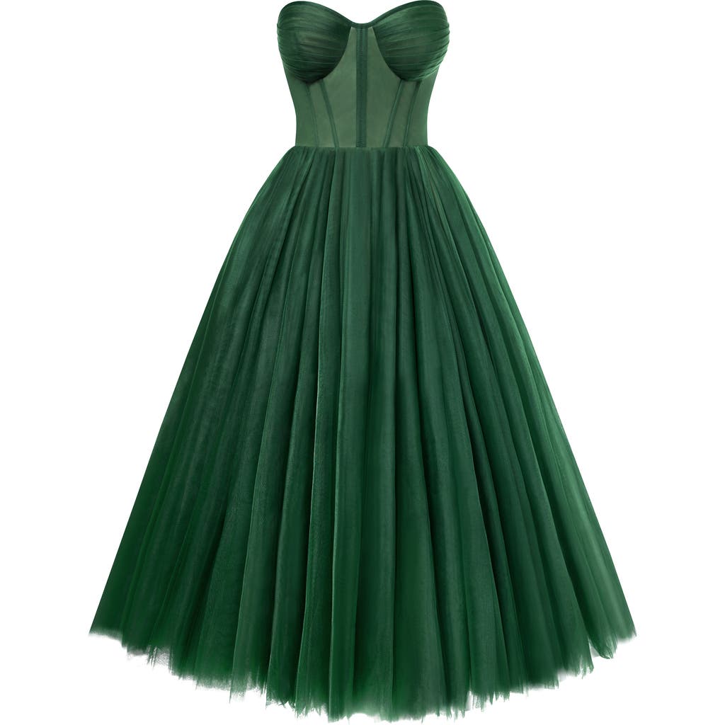 Milla Emerald Green Strapless Puffy Midi Tulle Dress