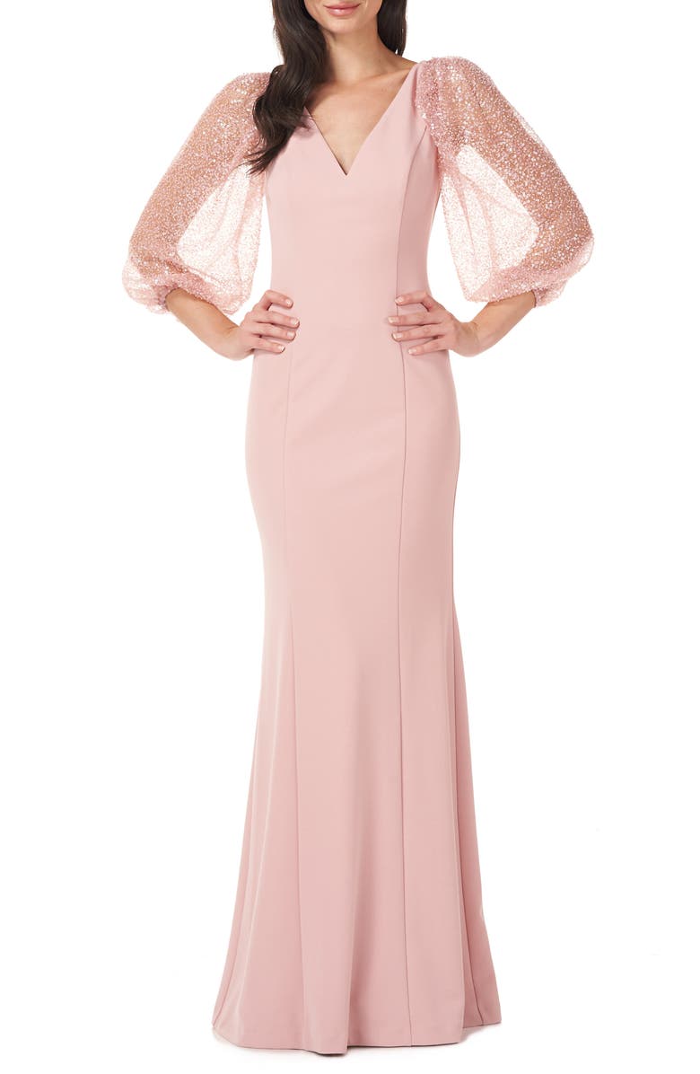 JS COLLECTIONS Beaded Illusion Sleeve Trumpet Gown, Main, color, BLUSH
