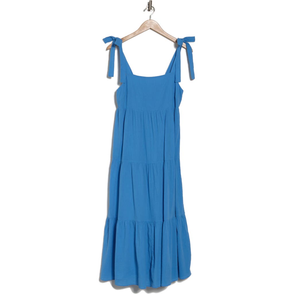 Shop Madewell Tie Strap Tiered Midi Dress In Ornamental Blue