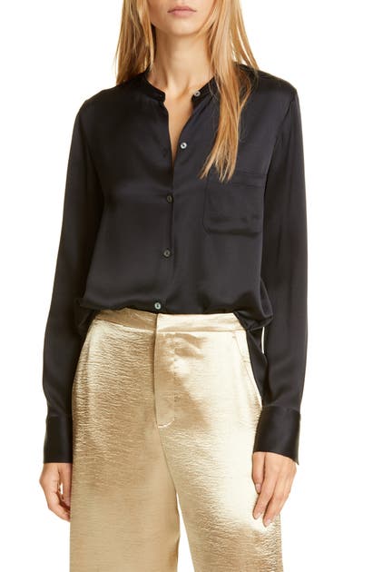 Vince Slim Fit Band Collar Silk Blouse In Black