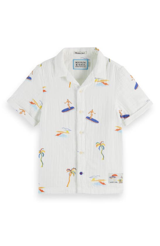 Shop Scotch & Soda Kids' Surf Print Short Sleeve Cotton Button-up Shirt In 7186 Surf Palm