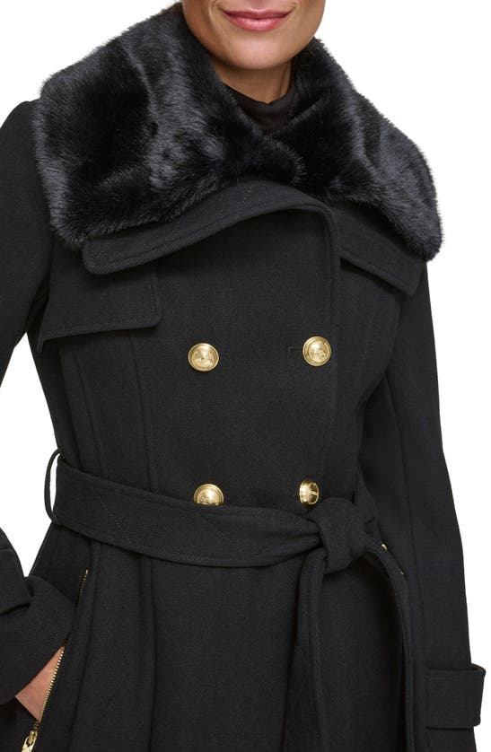 Guess Double Breasted Button Front Fit and Flare Faux Fur Collared Coat, Womens, M, Black