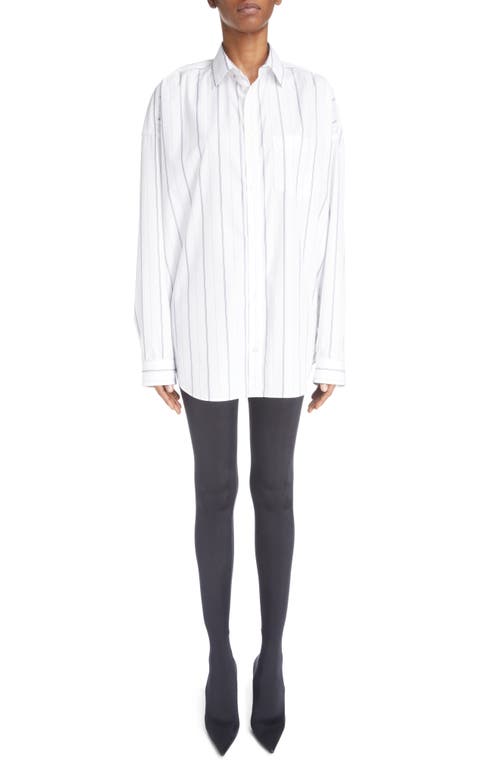 Balenciaga Logo Stripe Cotton Blend Cocoon Shirt In White/navy