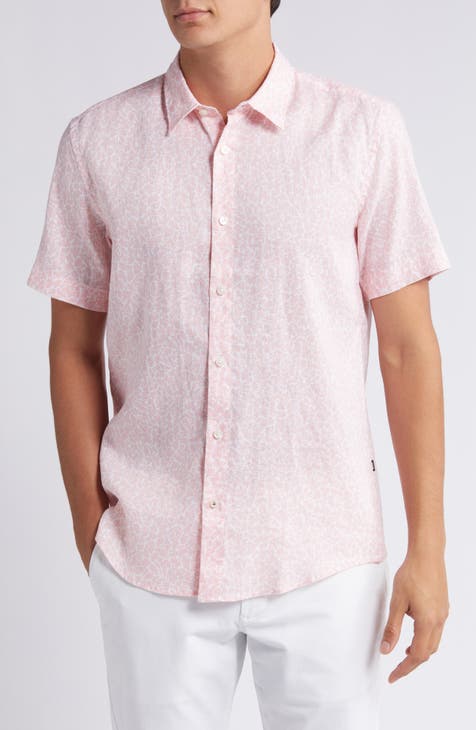 Liam Leaf Print Short Sleeve Stretch Linen Button-Up Shirt