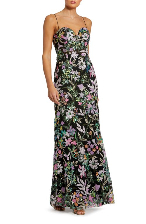Mac Duggal Sequin Floral Sheath Gown Black Multi at Nordstrom,