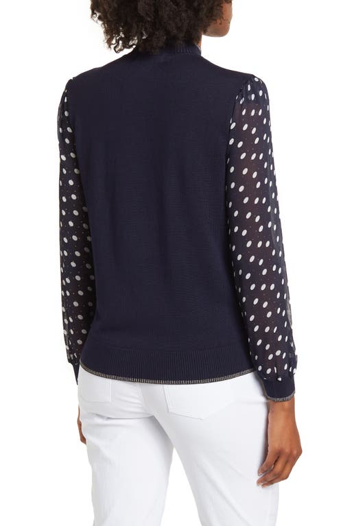 Shop By Design Leila Mock Neck Chiffon Sleeve Sweater In Navy Blazer W/polka Dot