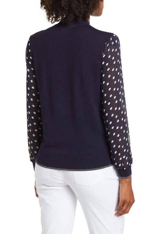 By Design Leila Mock Neck Chiffon Sleeve Sweater In Navy Blazer W/polka Dot