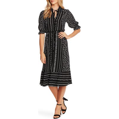 Cece Ruffle Sleeve Floral Midi Dress, Black