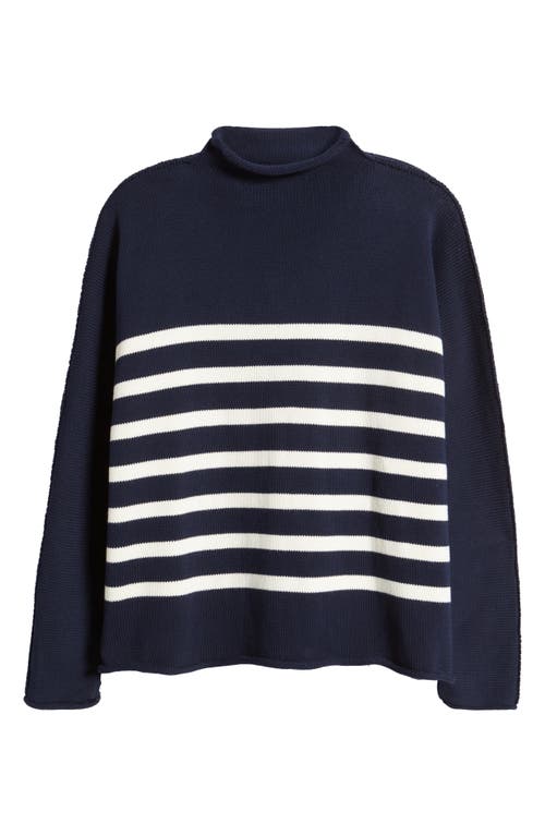 Shop Frank & Eileen Monterey Stripe Cotton Funnel Neck Sweater In Navy With Ivory Stripe