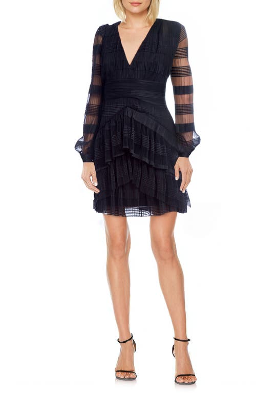 JEWEL BADGLEY MISCHKA JEWEL BADGLEY MISCHKA TEXTURED STRIPE LONG SLEEVE TIERED COCKTAIL DRESS 