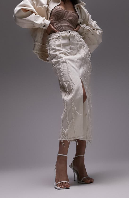 Topshop High Waist Frayed Denim Skirt In Cream