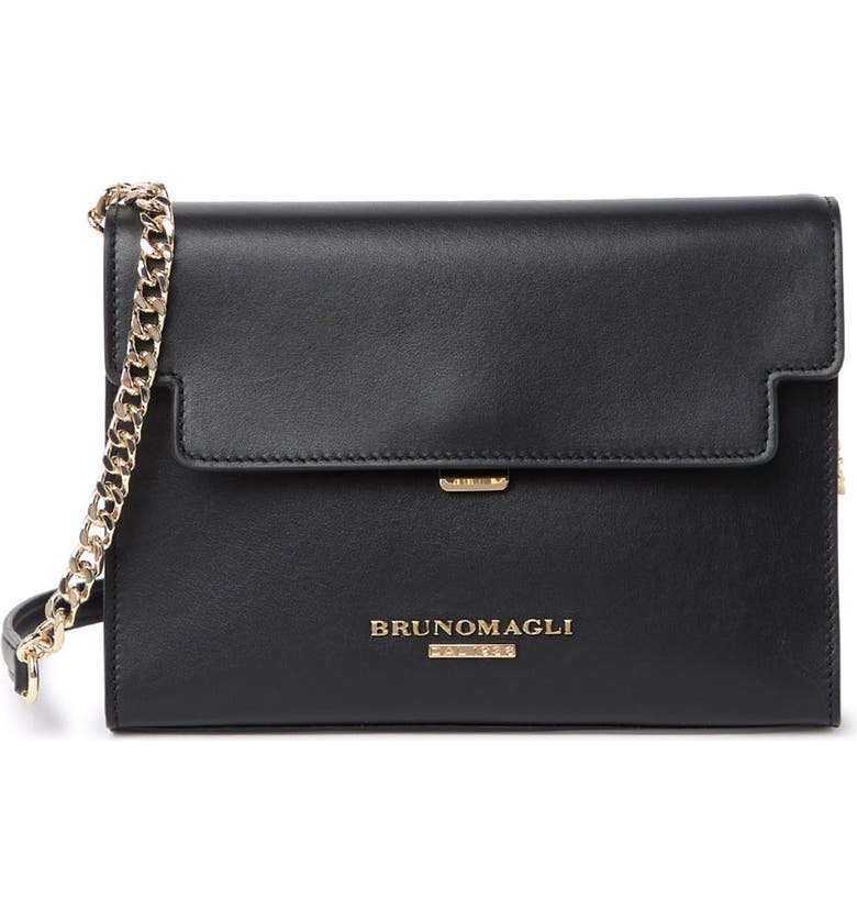 BRUNO MAGLI Notched Flap Leather Crossbody Bag, Main, color, BLACK