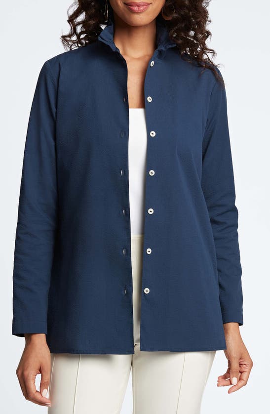 Shop Foxcroft Carolina Seersucker Button-up Shirt In Navy