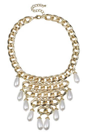 Jardin Imitation Pearl Chain Bib Necklace In White/gold