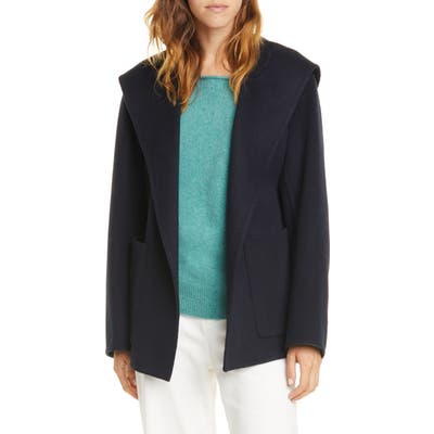 Vince Hooded Tie Waist Wool & Cashmere Coat, Blue