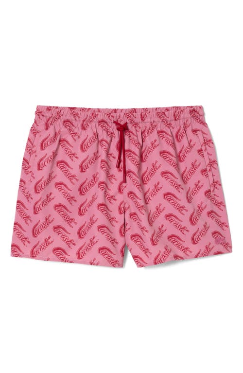 Lacoste Logo Print Cotton Swim Trunks In Ay1 Lighthouse Red/reseda