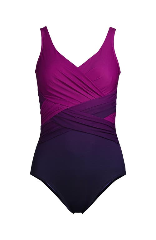 Shop Lands' End Long Slender Tummy Control Chlorine Resistant V-neck Wrap One Piece Swimsuit In Violet Rose/navy Ombre